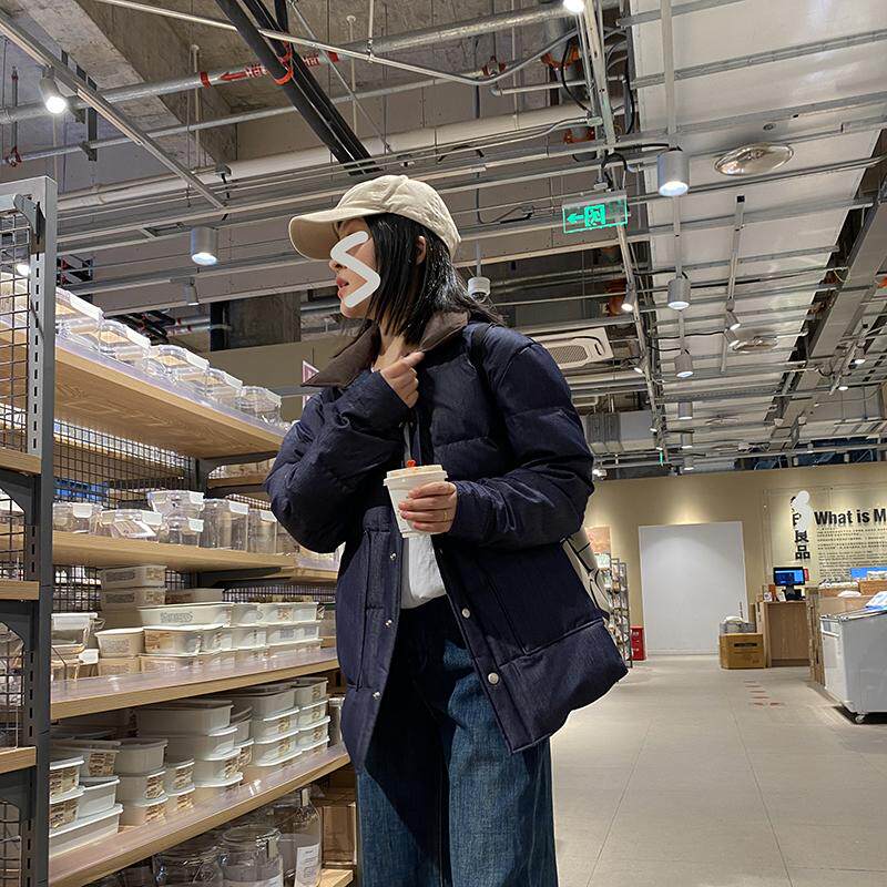 复古软牛仔保暖羽绒服衬衫领