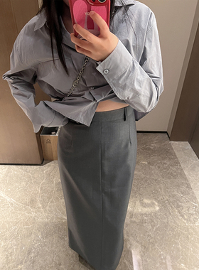 LULUZHANG 23S/S 经典简约羊毛开叉深灰铅笔显瘦通勤西装长半裙女