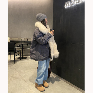 LULUZHANG 滩羊毛领皮草复古工装韩版雪山派克休闲白鸭绒羽绒服女