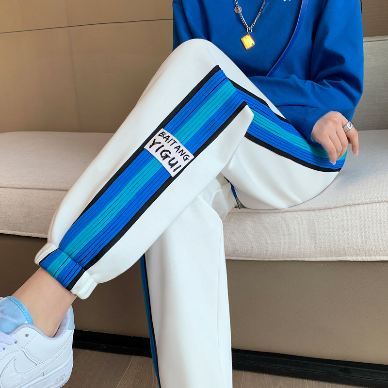 糖乐天克莱因蓝拼接束脚运动裤女