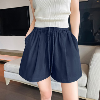 藏青色运动短裤女夏季亚麻冰丝外穿2025新款女士显瘦休闲五分裤子