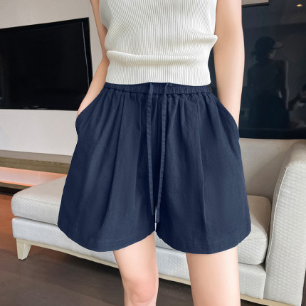 藏青色运动短裤女夏季亚麻冰丝外穿2025新款女士显瘦休闲五分裤子