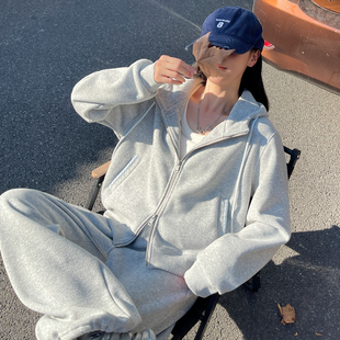 加绒加厚高级感慵懒休闲运动裤 卫衣阔腿裤 秋冬季 女2025新款 子 套装