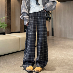 宽松慵懒风休闲糯米裤 秋冬加厚直筒毛呢裤 子 女2025新款 格子阔腿裤