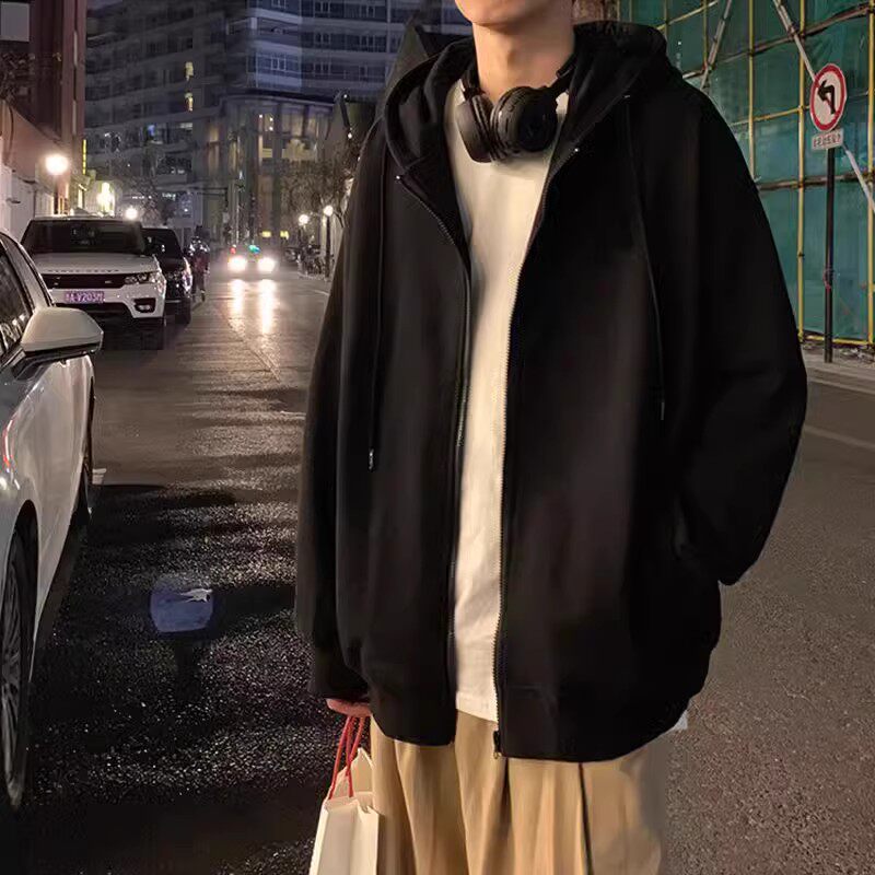 连帽卫衣男春秋潮牌纯色开衫夹克外套韩版潮流百搭休闲拉链上衣服