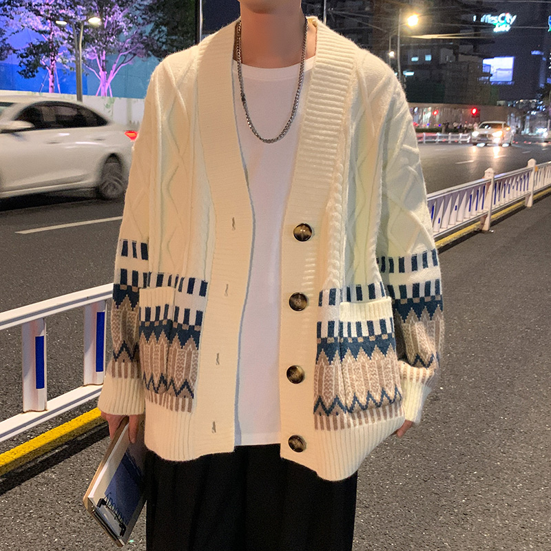 开衫V领提花针织毛衣男