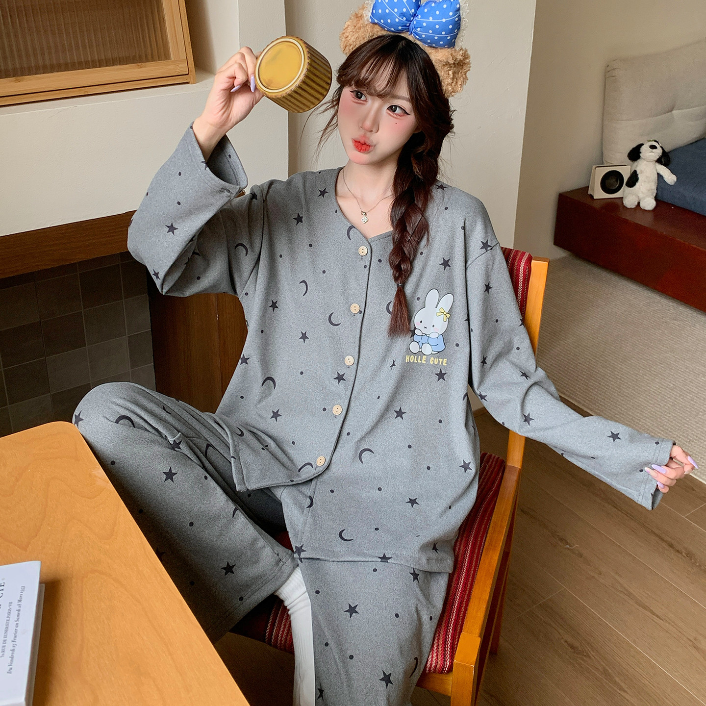 德绒睡衣女长袖长裤秋冬季图片