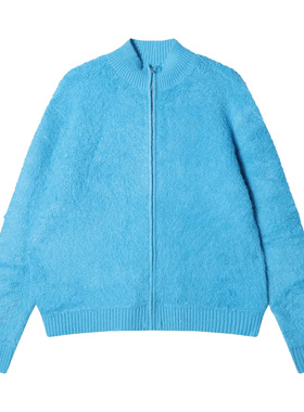 25fw极简风蓝色羊驼毛混纺拉链针织开衫男女同款毛衣外套