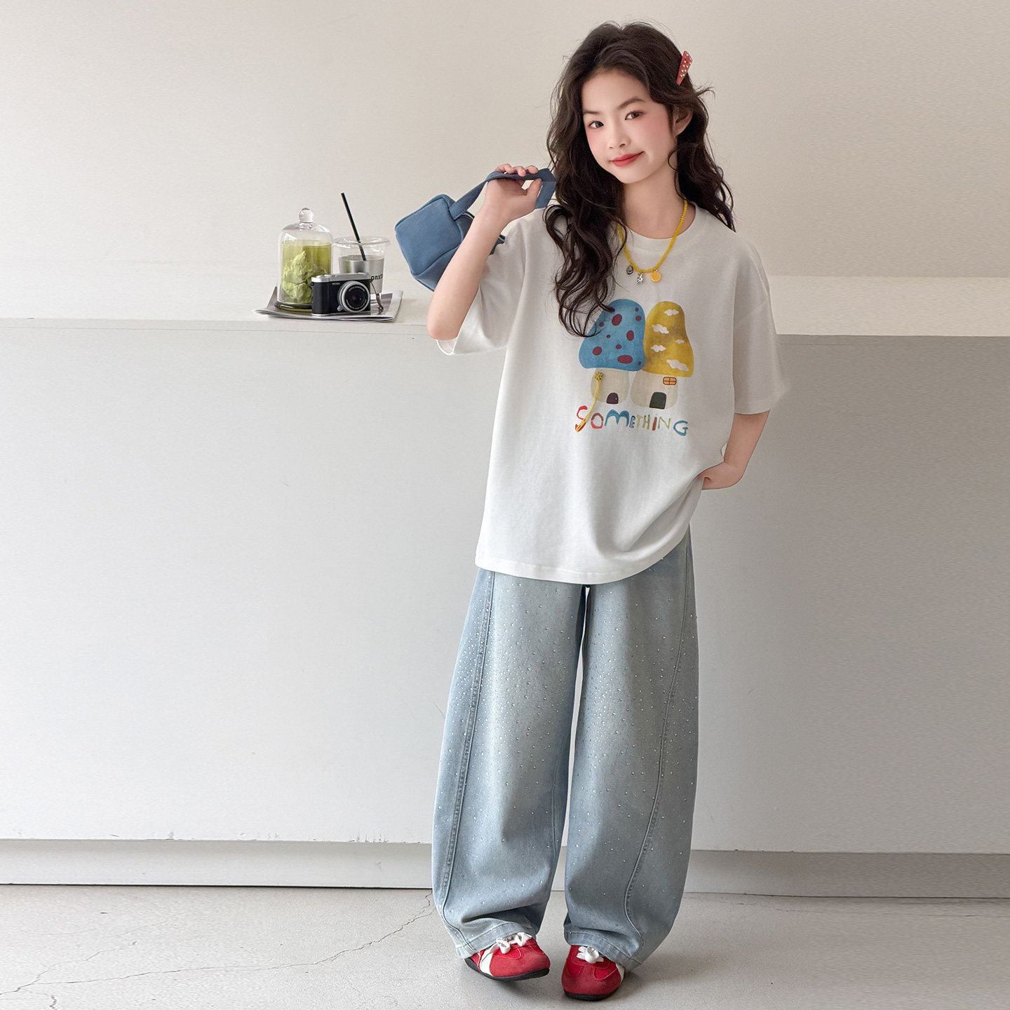 贝田女童夏季洋气时尚短袖套装图片