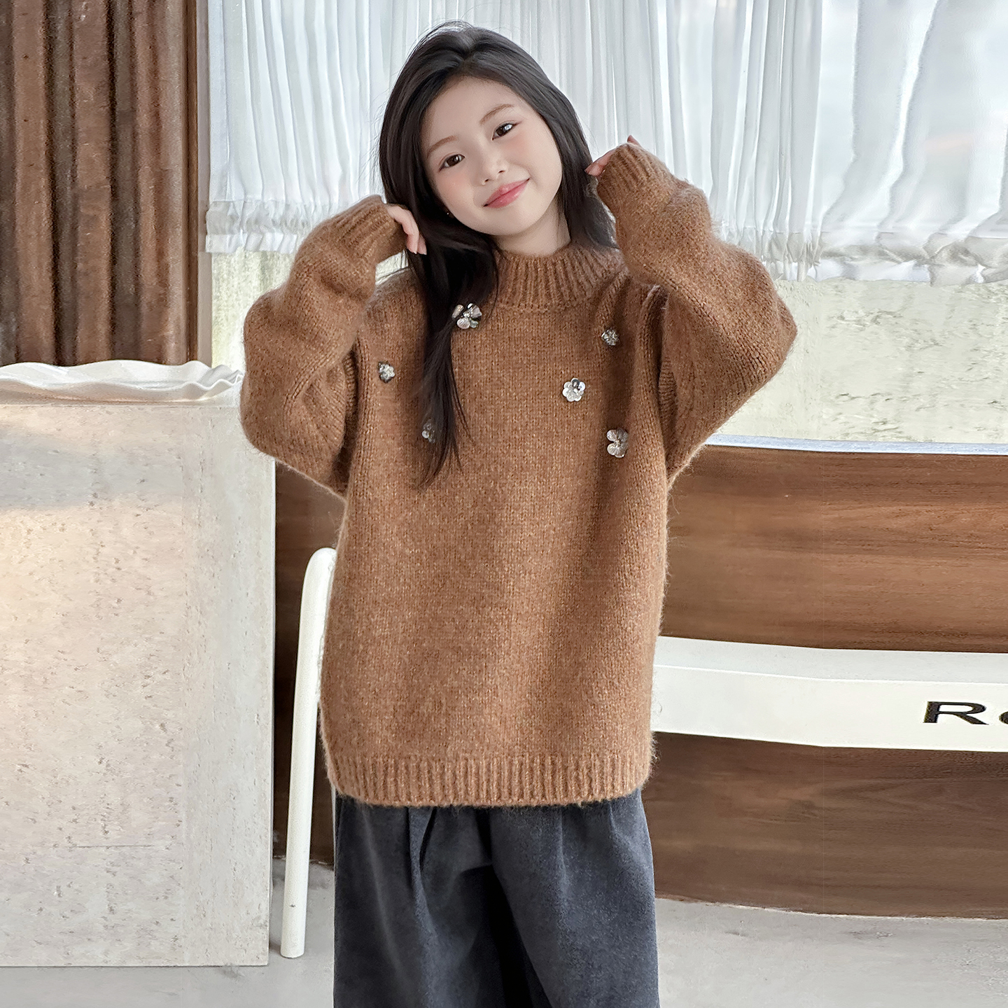 贝田女童冬季加厚保暖毛衣针织衫