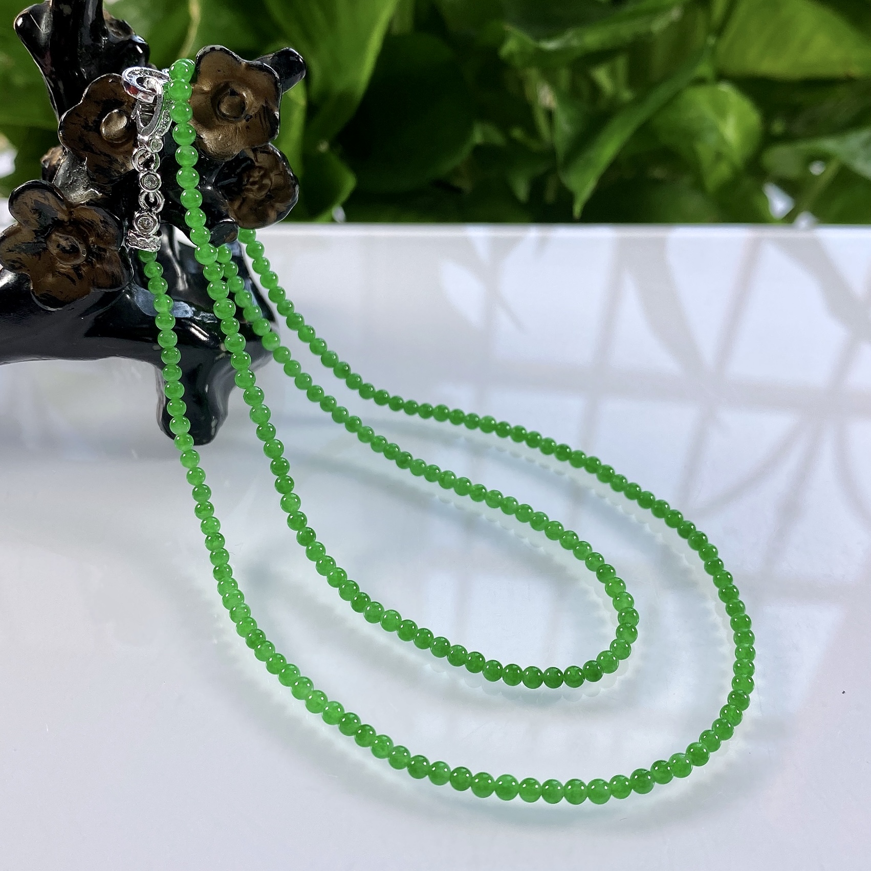 收藏级别，缅甸天然翡翠A货卡2.8玻璃种起光正阳绿小米珠项链809