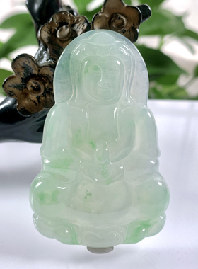 缅甸天然翡翠A货，冰种起胶飘绿正装观音吊坠挂件2215