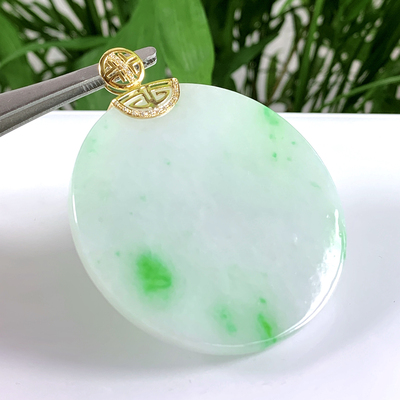 缅甸天然翡翠A货18K金伴钻镶嵌飘阳绿大件圆形平安无事牌吊坠4212