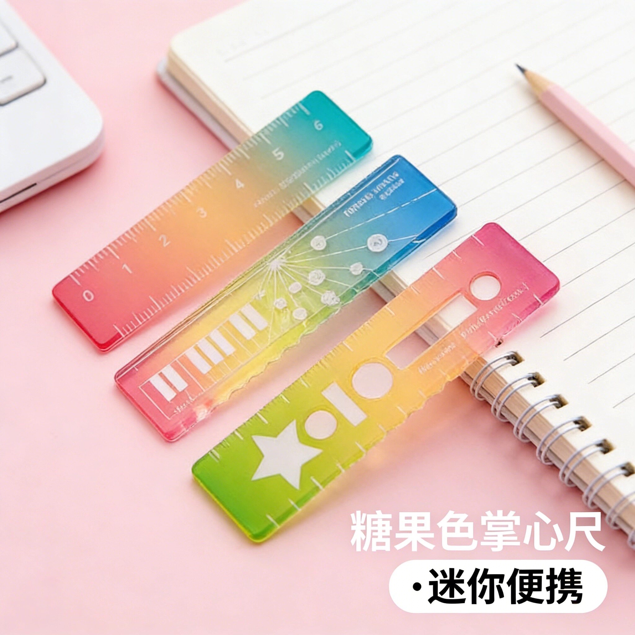 多彩糖果色迷你掌心尺6cm称心如意多功能刻度尺m5手帐本镂空格尺