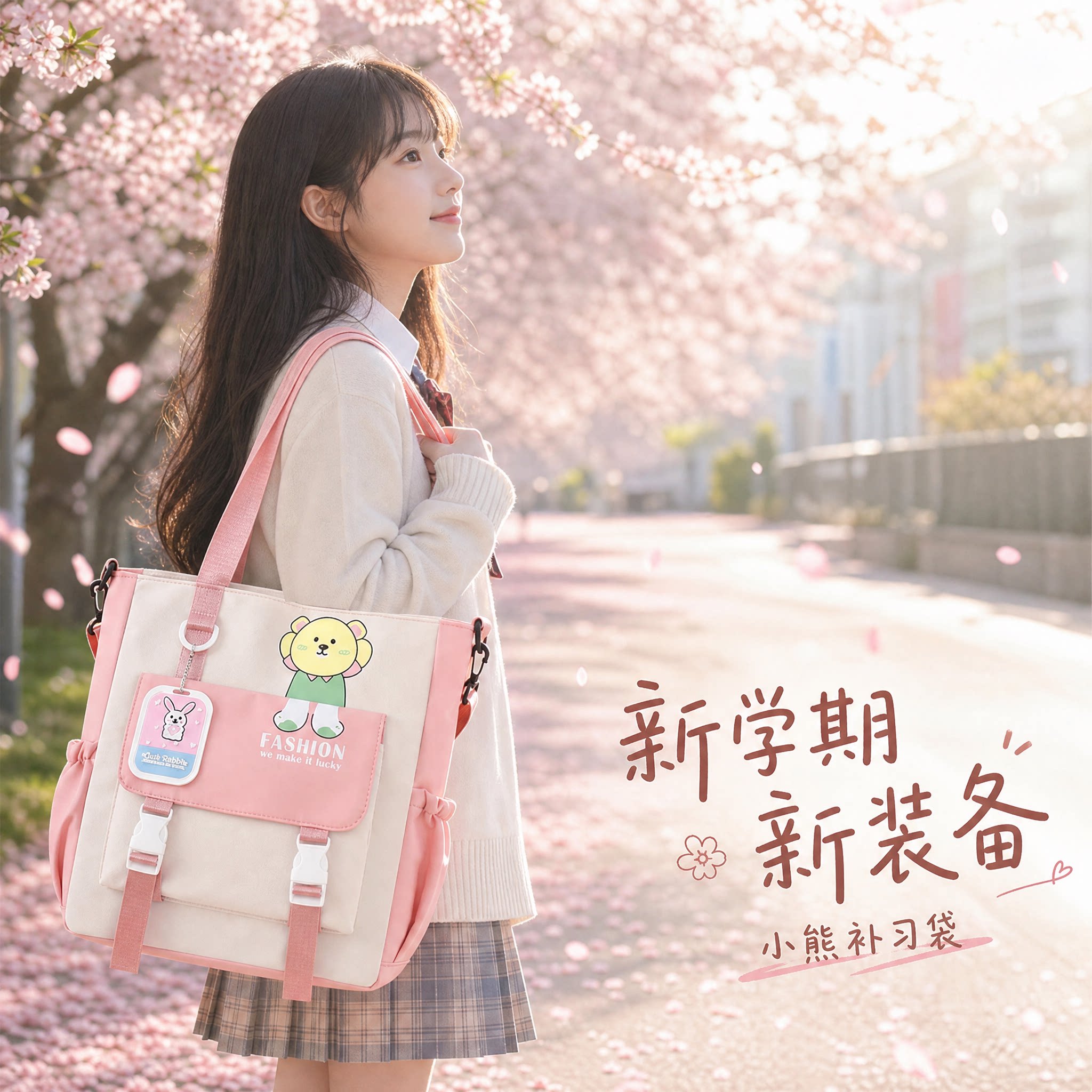 可爱小熊斜挎补习手提袋大容量帆布女小学生书包高颜值卡通试卷收纳袋多功能补课包书本收纳文件袋美术试卷袋