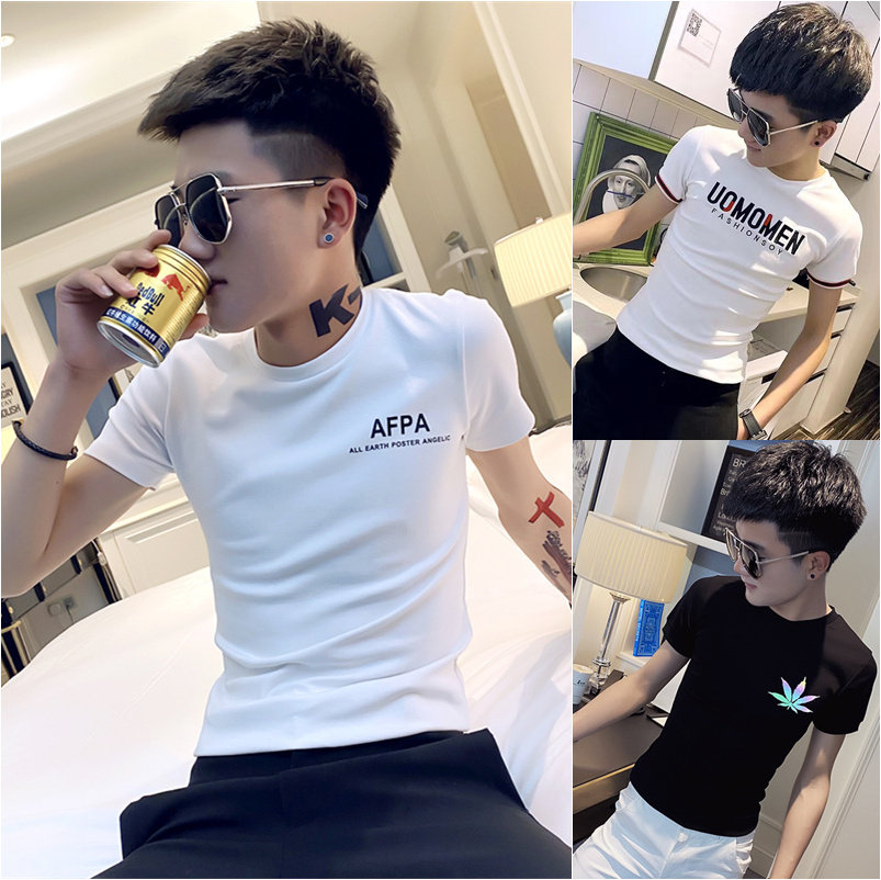 社会小伙短袖男潮流修身纯棉t恤xs小码半袖网红精神紧身白色丅桖