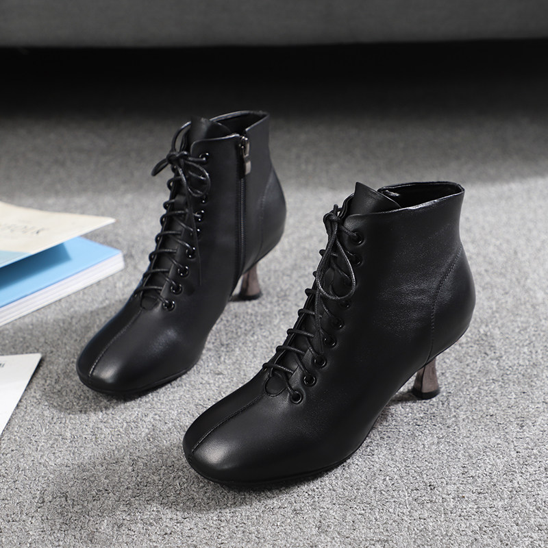 欧洲站2025秋季新款短靴女真皮中跟圆头裸靴马丁靴女英伦风裸靴女,女鞋,时装靴,淘宝优惠券,粉丝福利购,淘宝优惠卷