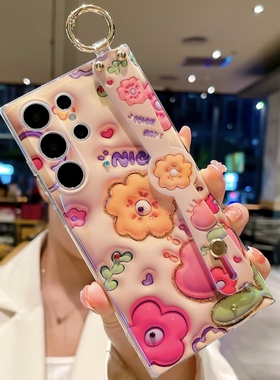 蓝光3D郁金香花朵适用于 三星s24ultra s23ultra s25+手机壳note20ultra腕带s22软胶s21+防摔保护套s24软壳女