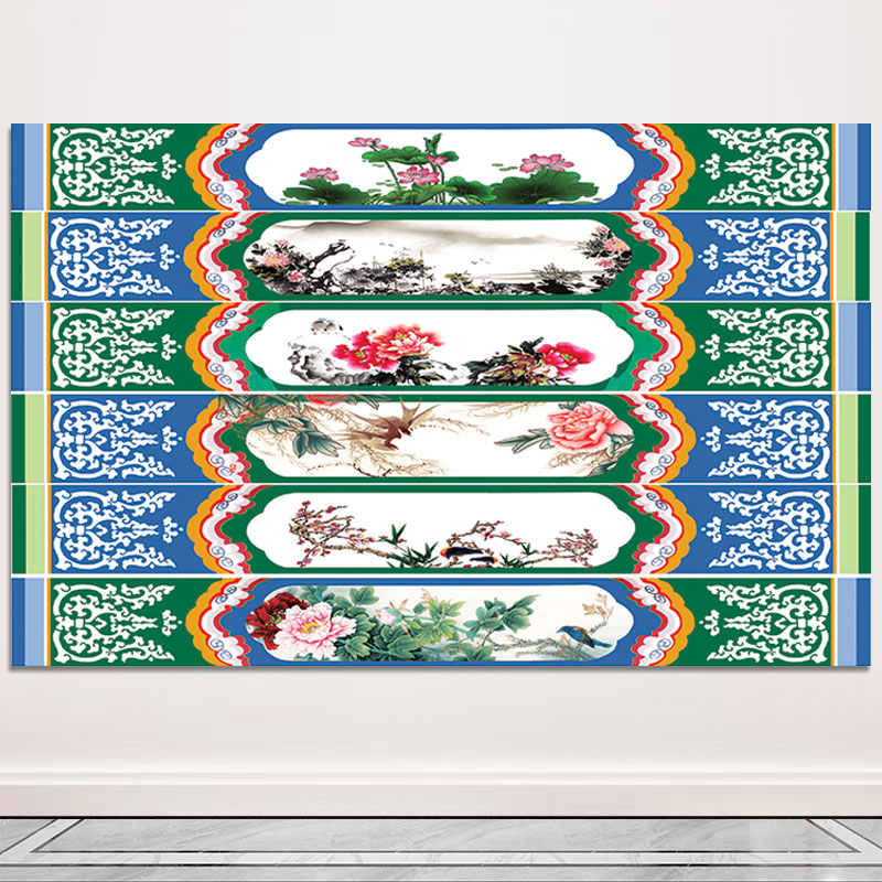 房梁装饰画横梁画花鸟宫廷花纹壁纸荷花牡丹横梁海报寺庙房梁贴纸