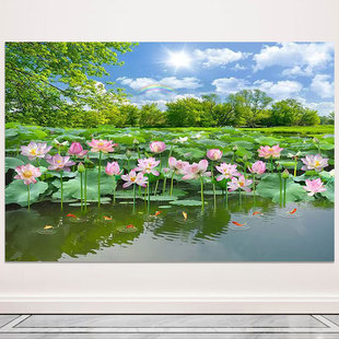 荷花荷池山水风景画田园风光荷气生财九鱼客厅沙发背景墙壁画自粘