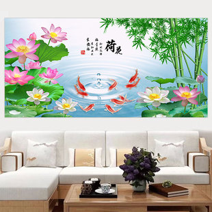荷花九鱼聚财图竹子竹林湖泊湖水玄关风景画餐厅客厅沙发自粘壁画