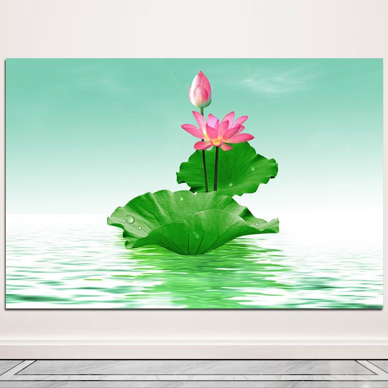 荷花莲花绿色植物风景画招财画卫生间防水贴画玄关装饰画自粘壁画图片