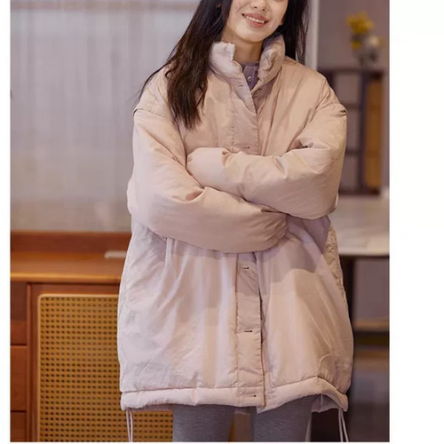 文艺棉麻女装  冬季新款裸粉色棉质可拆卸袖子中长款宽松羽绒服