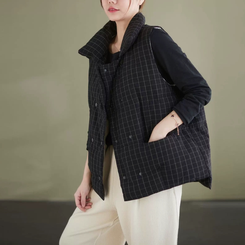 冬季新品色织纯棉格纹白鹅绒双排扣设计保暖短款羽绒马甲