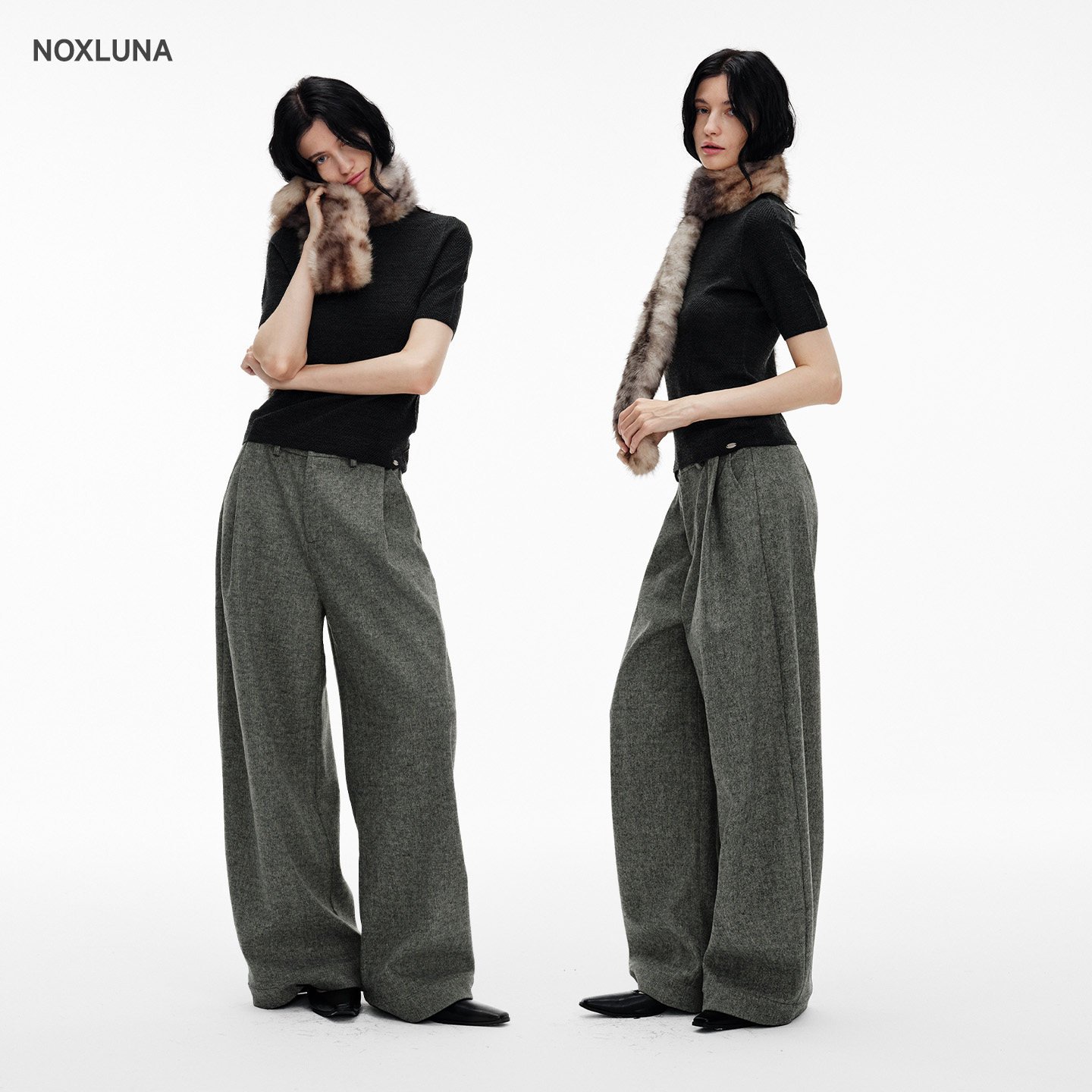 NOXLUNA新款秋冬羊毛毛呢阔腿裤宽松休闲弯刀垂感西裤女