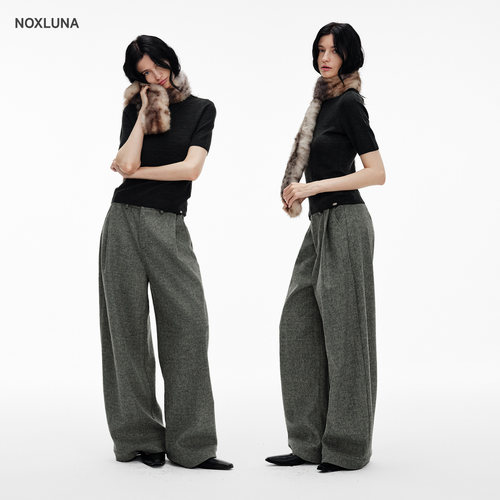 NOXLUNA新款秋冬羊毛毛呢阔腿裤宽松休闲弯刀垂感西裤女