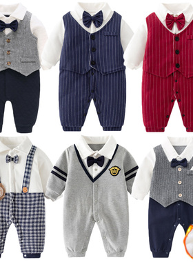 男宝宝秋冬加厚连体衣绅士婴儿冬装衣服西装礼服周岁外出新年衣服
