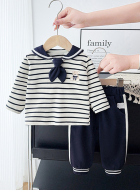 儿童海军套装学院风卡通洋气卫衣裤子女两件套春装运动秋季男宝宝