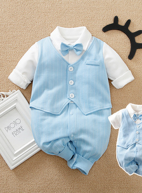 小清新男宝宝绅士百日宴男孩周岁新生儿连体衣服洋气婴儿西服百天