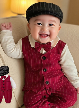 红色夹棉百天礼服满月服男宝宝连体衣婴儿衣服西装周岁服一岁秋冬