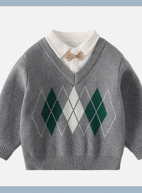 男孩绅士毛衣儿童假两件秋季上衣英伦领结套头衫格子针织外出服装