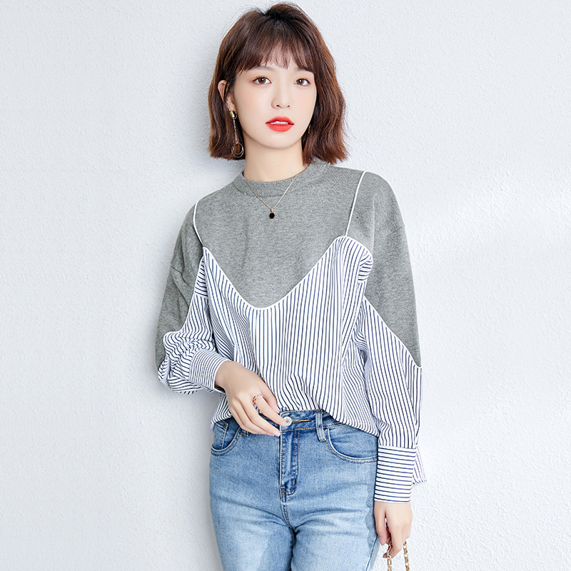 간호 탑 가을 긴팔 산후 접합 스트라이프 느슨한 야외 유행 간호 의류 가짜 투피스 핫 엄마 모델