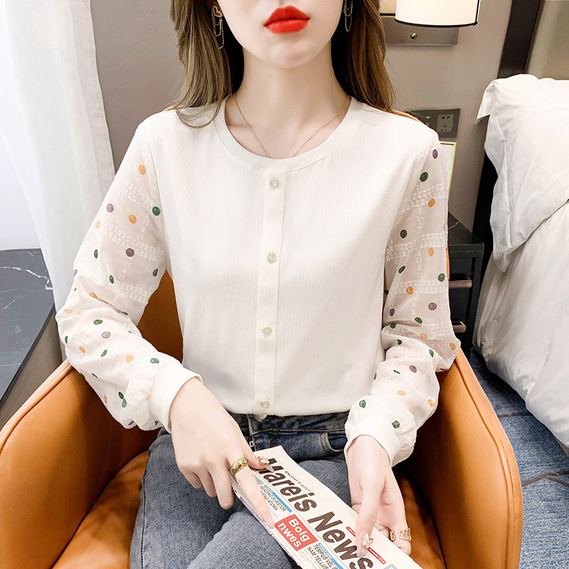 수유 상의 가을 산후 긴팔 컬러풀 도트 나들이 패션 셔츠 라운드넥 니트 스플라이싱 수유 상의 트렌디