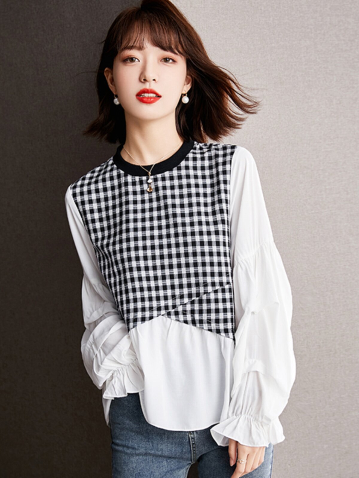 초가을 디자인 틈새 루즈 스플라이스 긴팔 연령감소용 산후수유셔츠와 나들이용 핫맘스타일 수유탑