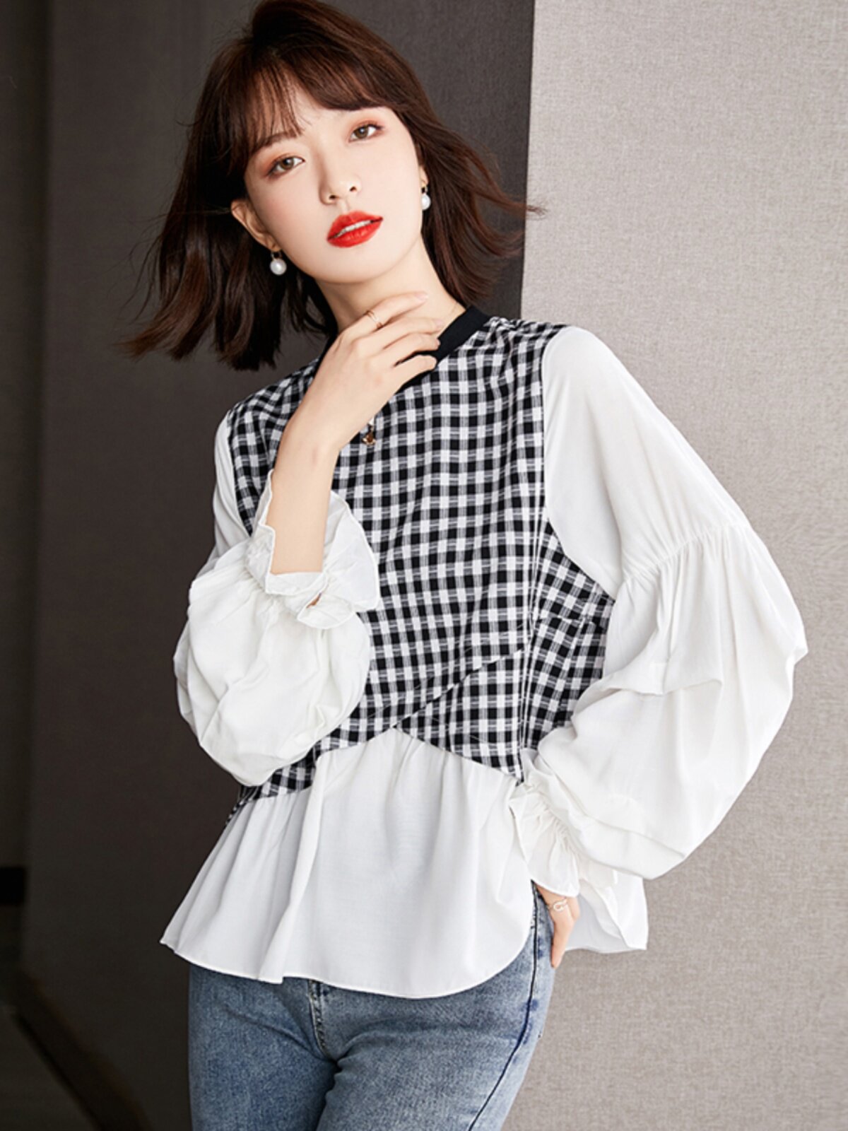 초가을 디자인 틈새 루즈 스플라이스 긴팔 연령감소용 산후수유셔츠와 나들이용 핫맘스타일 수유탑