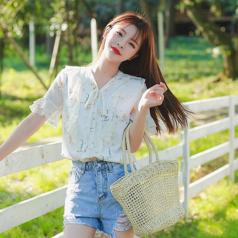 여름 새 스타일 꽃 복고풍 쉬폰 산후 간호 셔츠 세련된 핫 엄마 스타일 반팔 나들이 간호 셔츠 탑