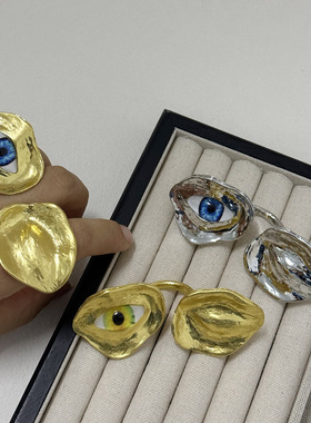 欧美复古个性小众夸张恶魔之眼不对称双头戒指轻奢时尚开口指环潮