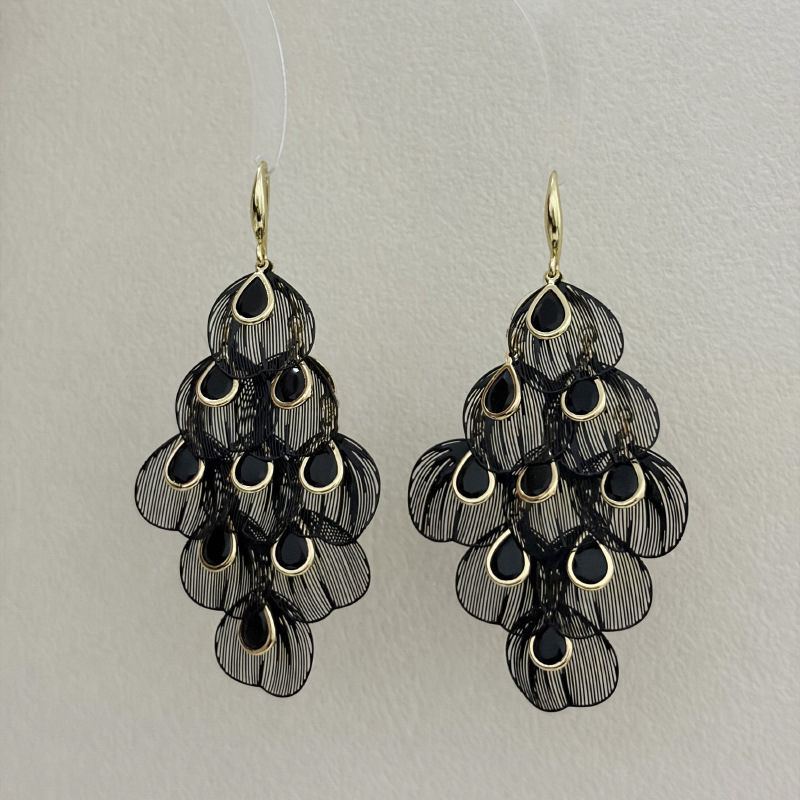 新款轻奢高级感黑色闪钻孔雀羽毛形流苏耳环优雅气质宴会礼服耳饰