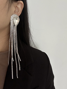 2023晚宴浮夸大水滴满钻流苏耳环设计感水钻耳钉礼服搭配夸张耳饰