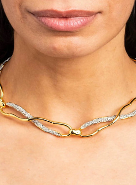 欧美重工金属不规则交叉缠绕闪钻项链轻奢个性复古高级感锁骨链女