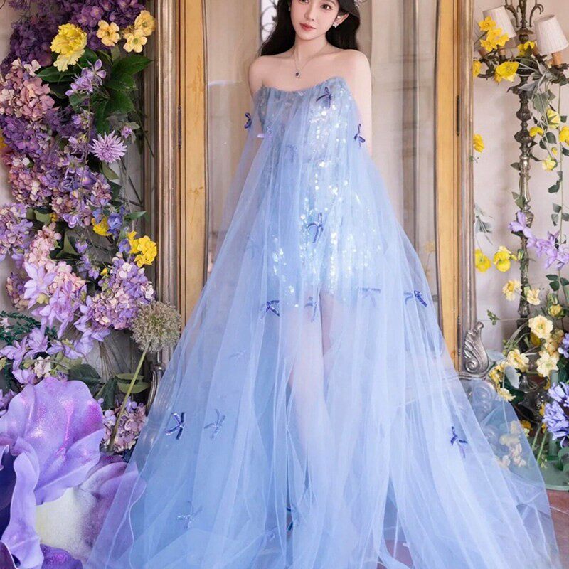 晨拍礼服女新娘法式高级感抹胸仙女风浅蓝色纱裙超仙重工艺晚礼服
