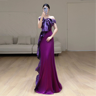 晨拍礼服女年会战袍敬酒服法式高级感晚礼服晨袍紫色蝴蝶结连衣裙