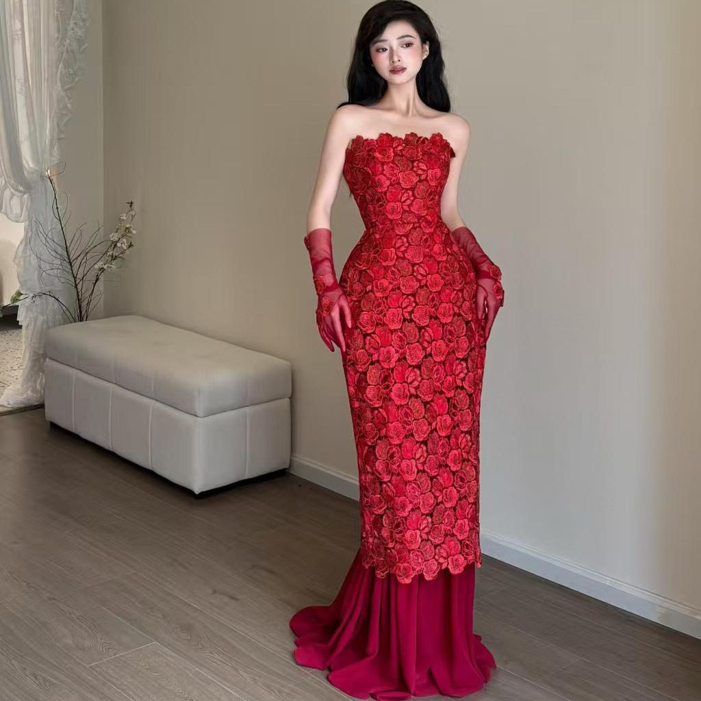 新中式晨拍礼服女新娘高级感红色玫瑰礼服长裙轻奢小众宴会敬酒服图片
