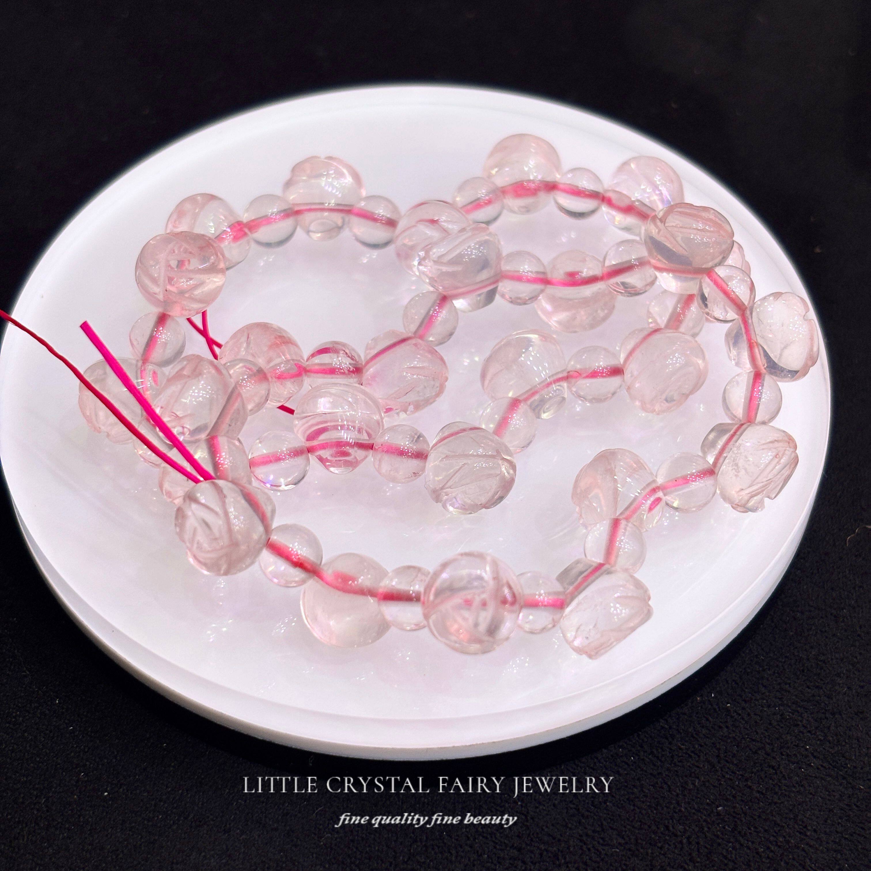 天然粉晶雕刻玫瑰花水滴手链diy原创水晶饰品礼物首饰窗门帘配件