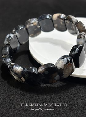 天然黑棕樱花玛瑙手排牌手链diy原创水晶饰品黑色系中式小众首饰