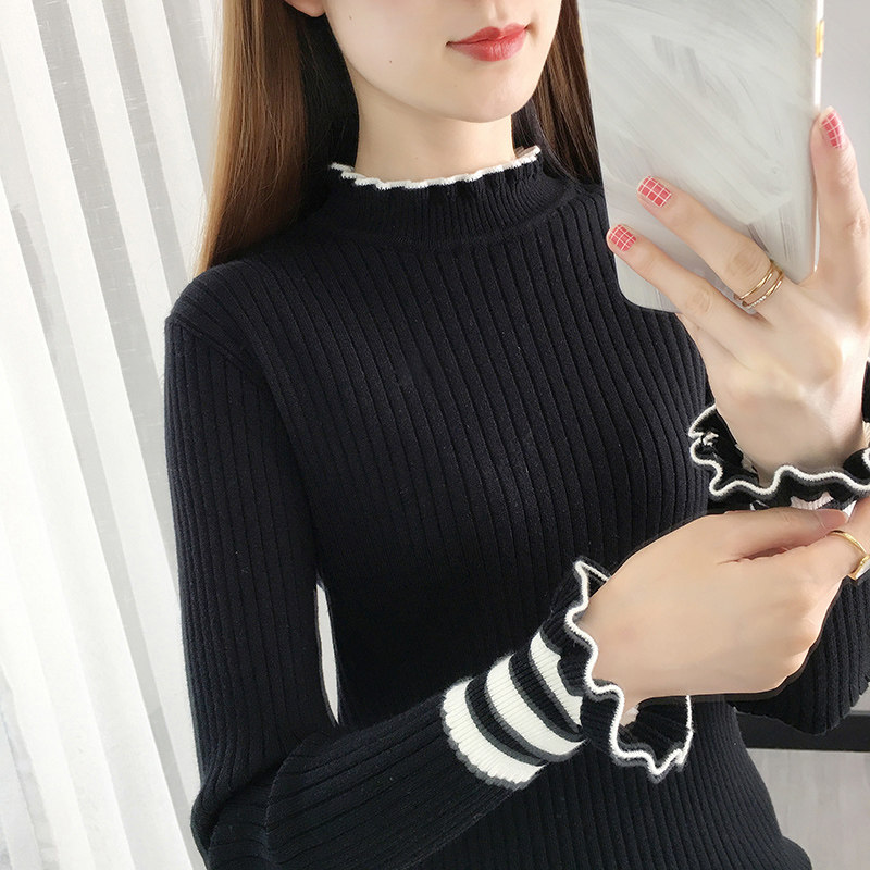 半高领毛衣打底衫女士内搭秋冬装木耳领紧身针织衫短款学院风上衣